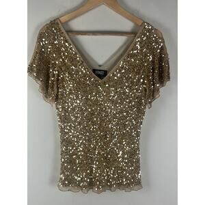 Adrianna Papell Boutique Silk Gold Sequin Vintage Fairy Party Glam Sz Large